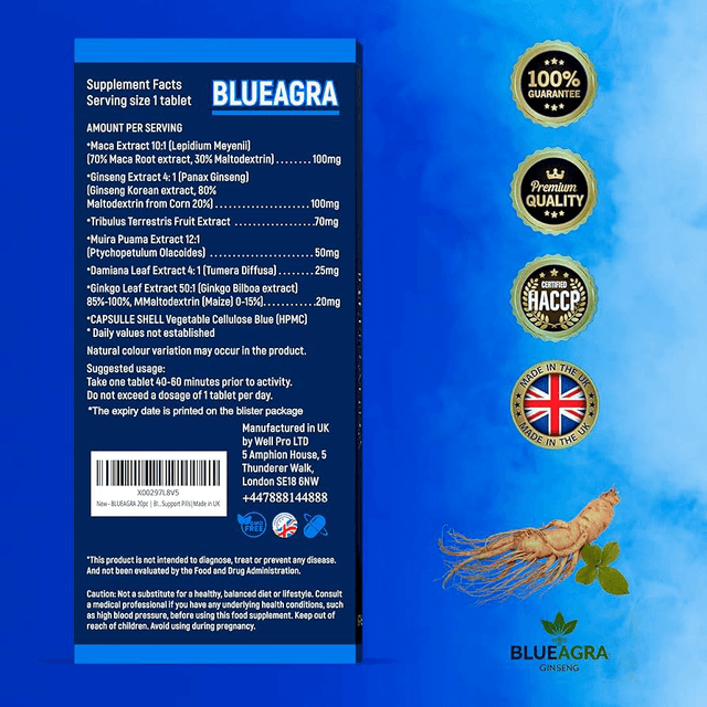 BlueAgra Ginseng Tablets for Men | 100mg | Made in UK